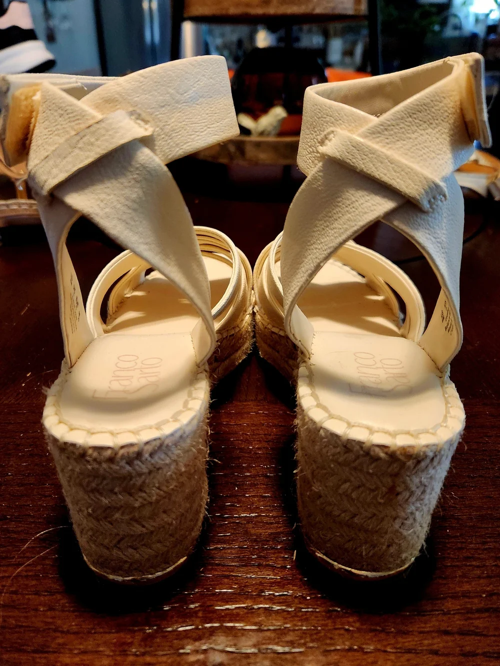 Franco Sarto Cream Leather Espadrille Wedge Sandals with Ankle Strap